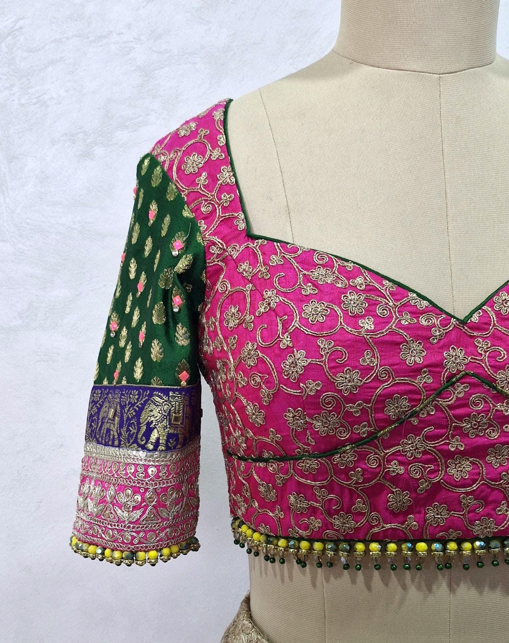 Embroidered Silk Pink and Green Blouse Sweetheart Neck DVBL_449
