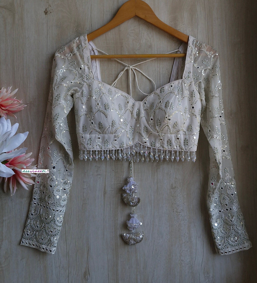 White and Silver Embroidered Long Sleeves Blouse DVBL_349