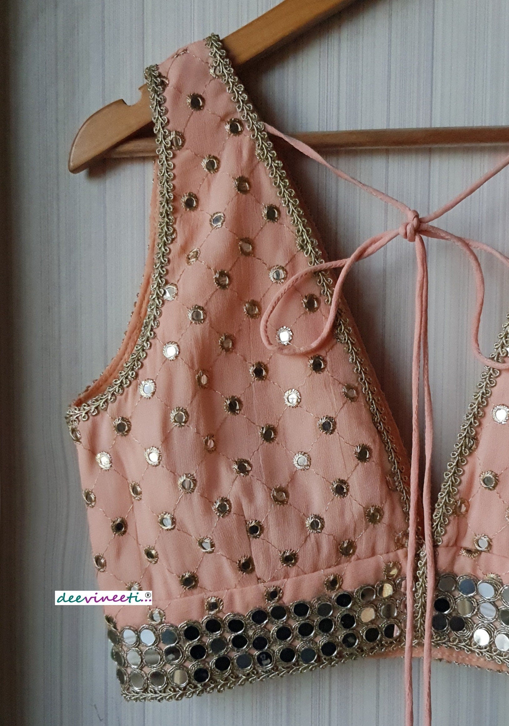 Faux Mirror Embroidered Peach Plunge Neckline Blouse DVBL_162