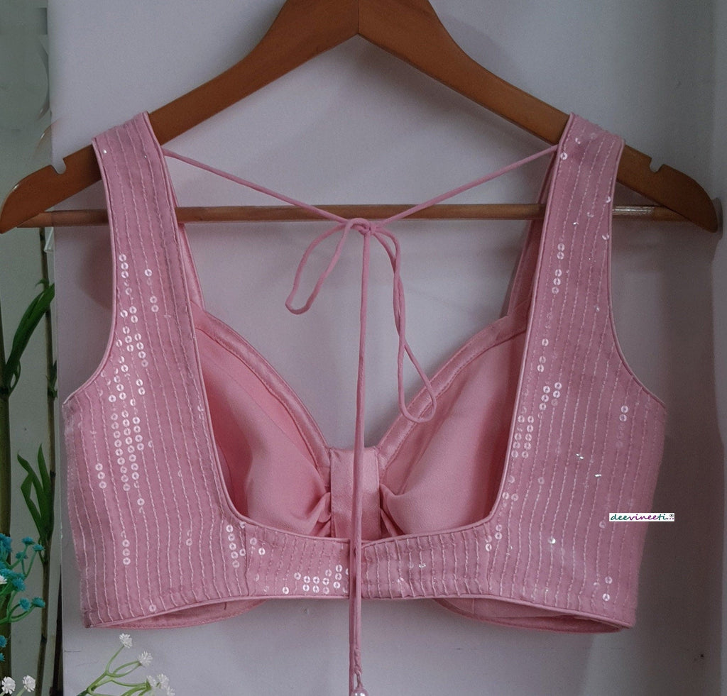 Sequins Embroidered Pink Sweetheart Neck Blouse DVBL_288
