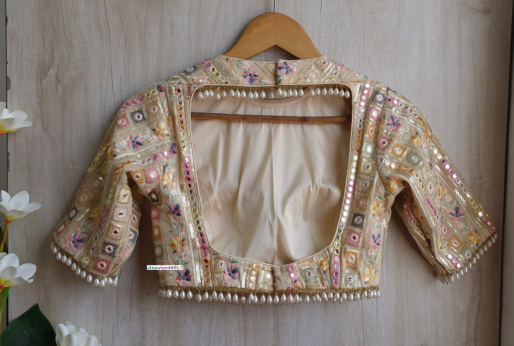 Beige Embroidered Georgette Jewel Neck Blouse DVBL_309