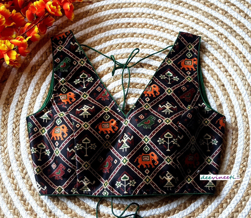 Black Printed Tussar Silk Sleeveless V Neck Blouse DVBL_095