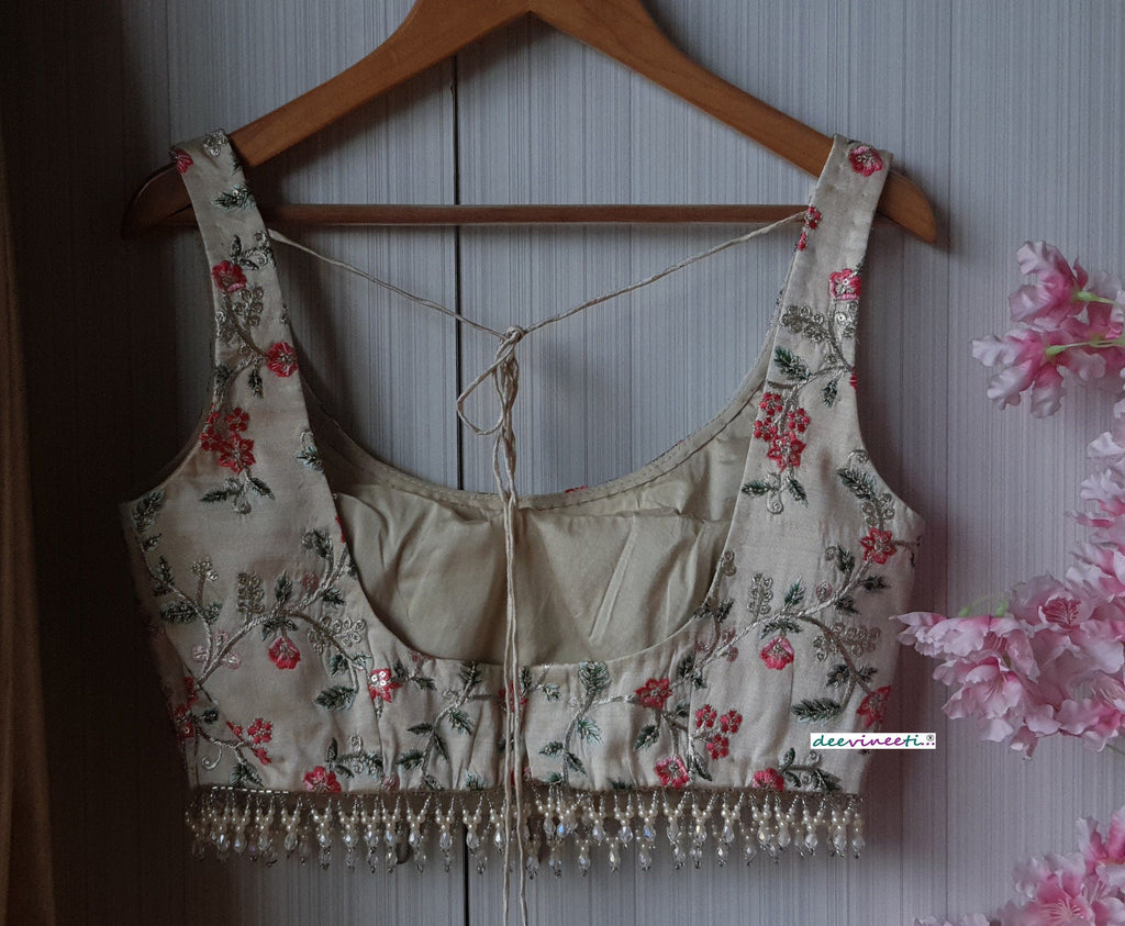 Cream Embroidered Silk U Neck Blouse DVBL_191