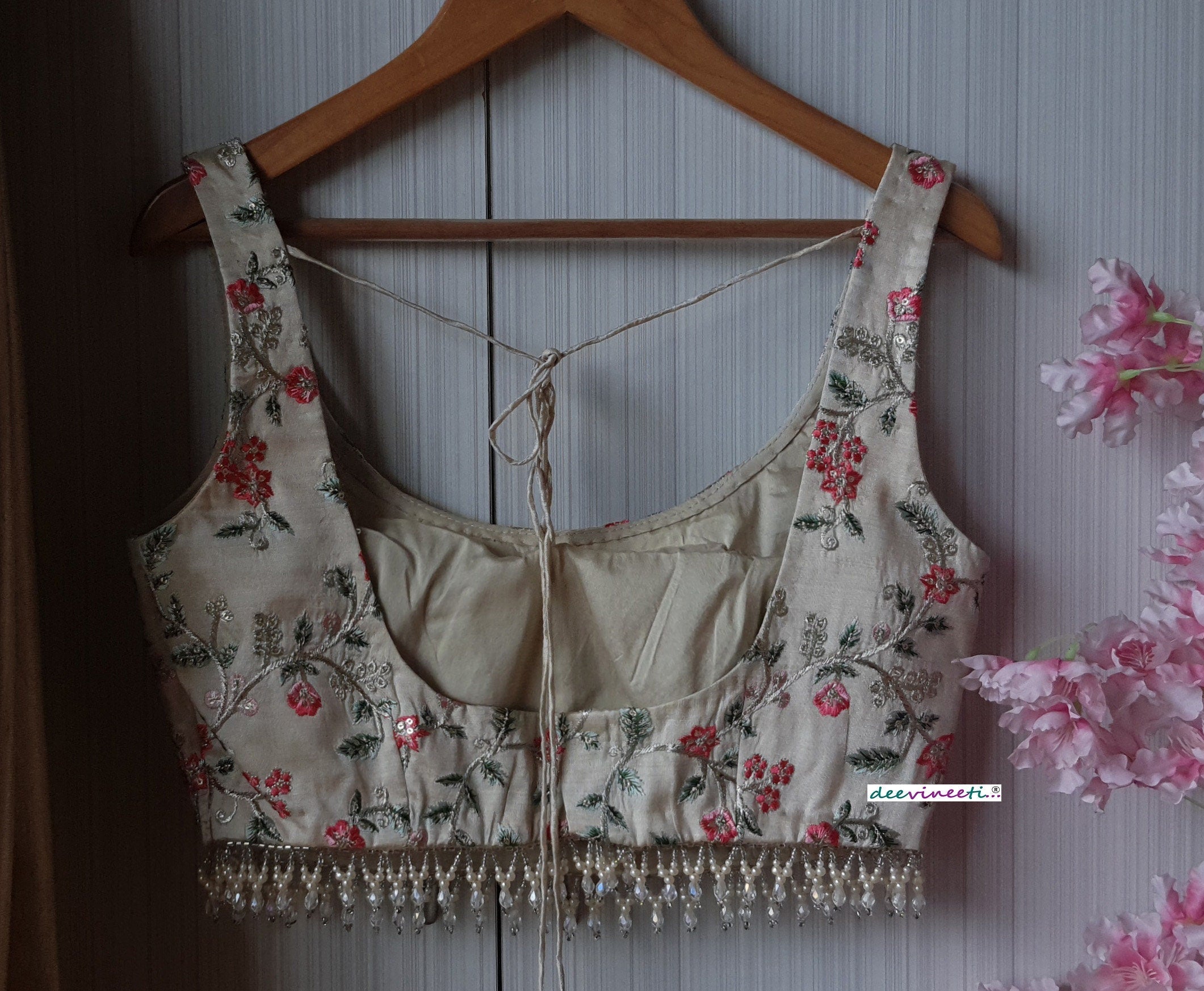 Cream Embroidered Silk U Neck Blouse DVBL_191