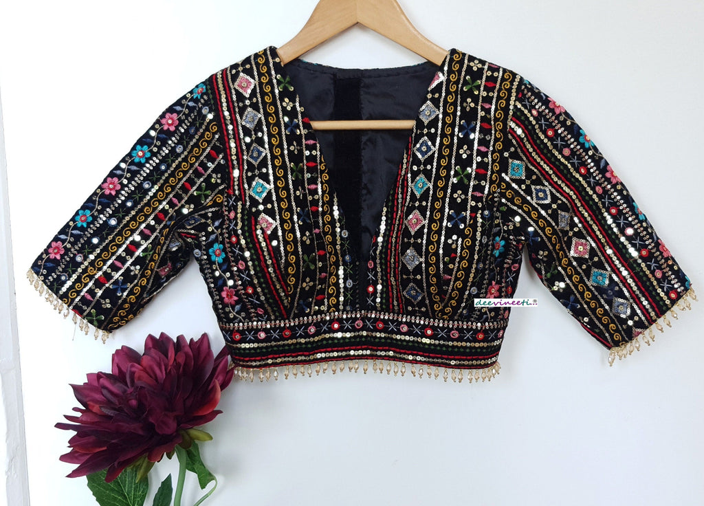 Black Embroidered Velvet Plunge Neckline Blouse DVBL_294
