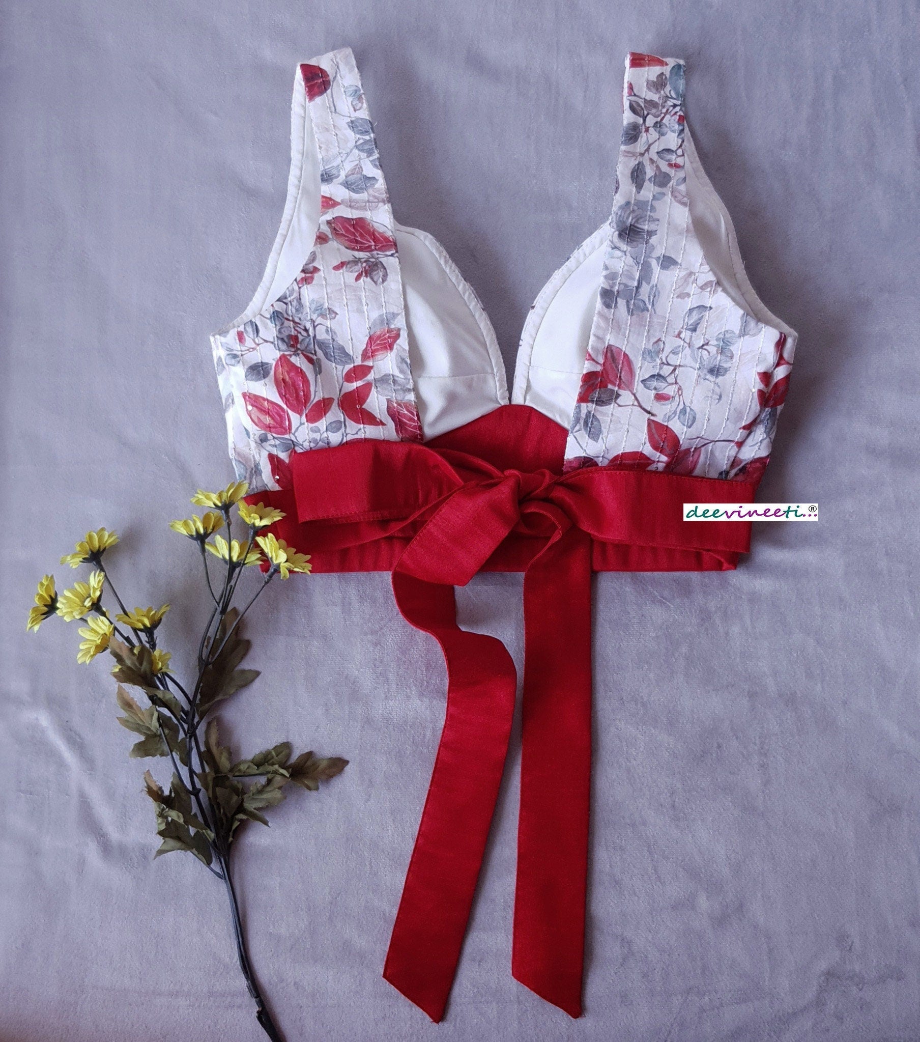 Floral Print Off White and Red Tie Blouse DVBL_180