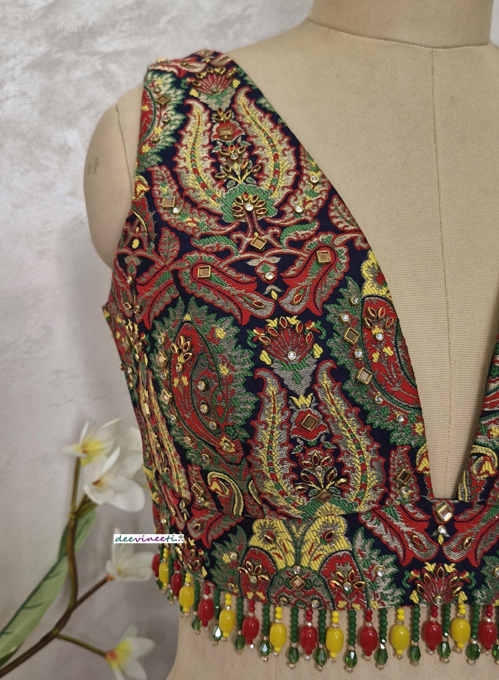 Embellished Banarasi Brocade Plunge Neckline Blouse DVBL_400