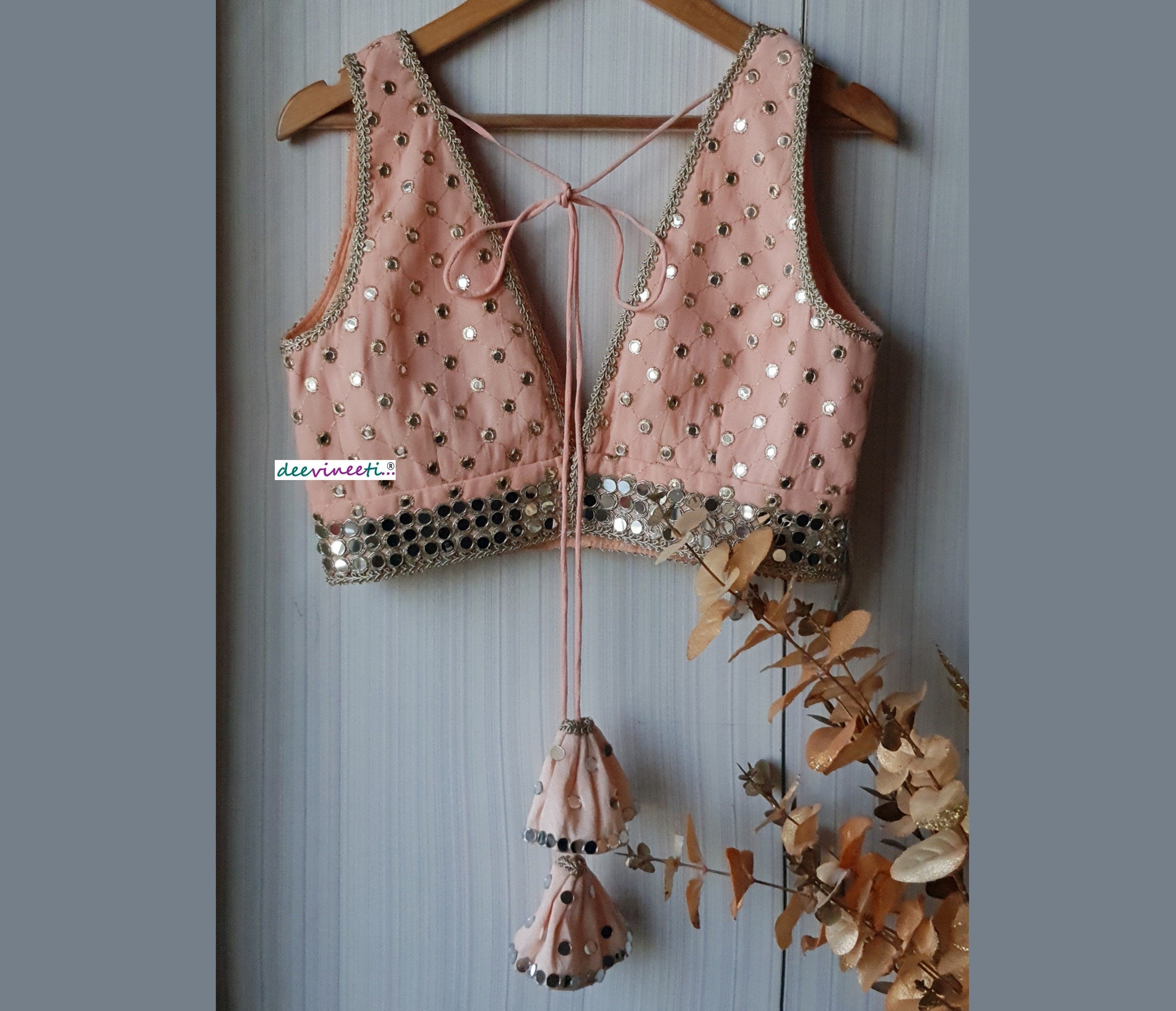 Faux Mirror Embroidered Peach Plunge Neckline Blouse DVBL_162