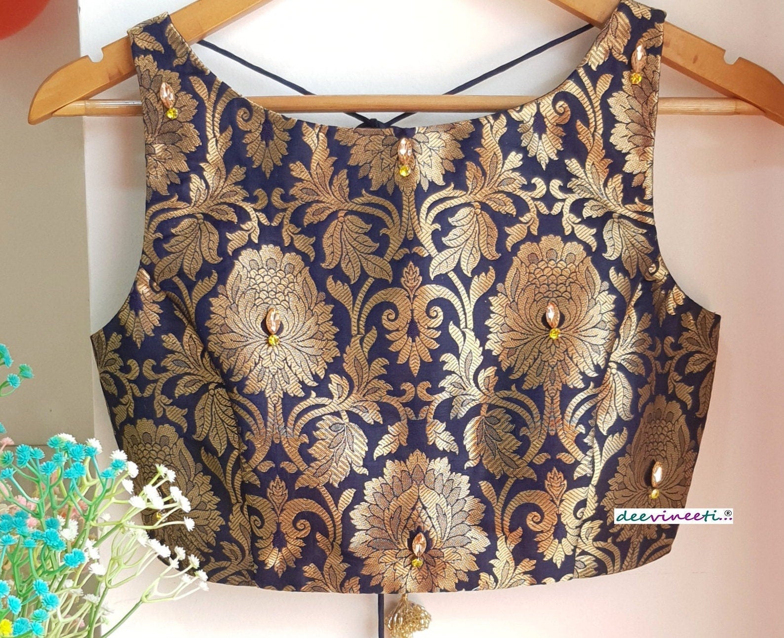Deep Blue Brocade Blouse Sleeveless Boat Neck DVBL_127
