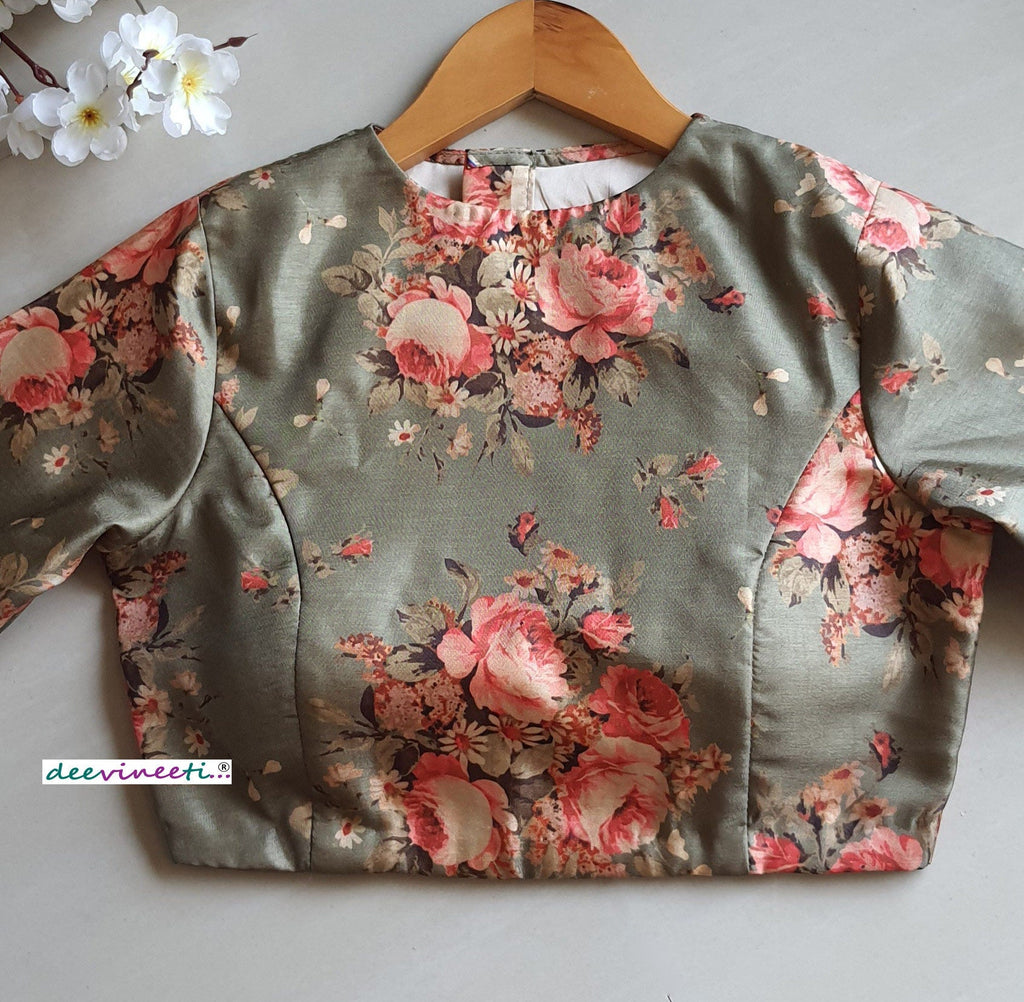 Floral Print Green Khadi Silk Jewel Neck Blouse DVBL_067