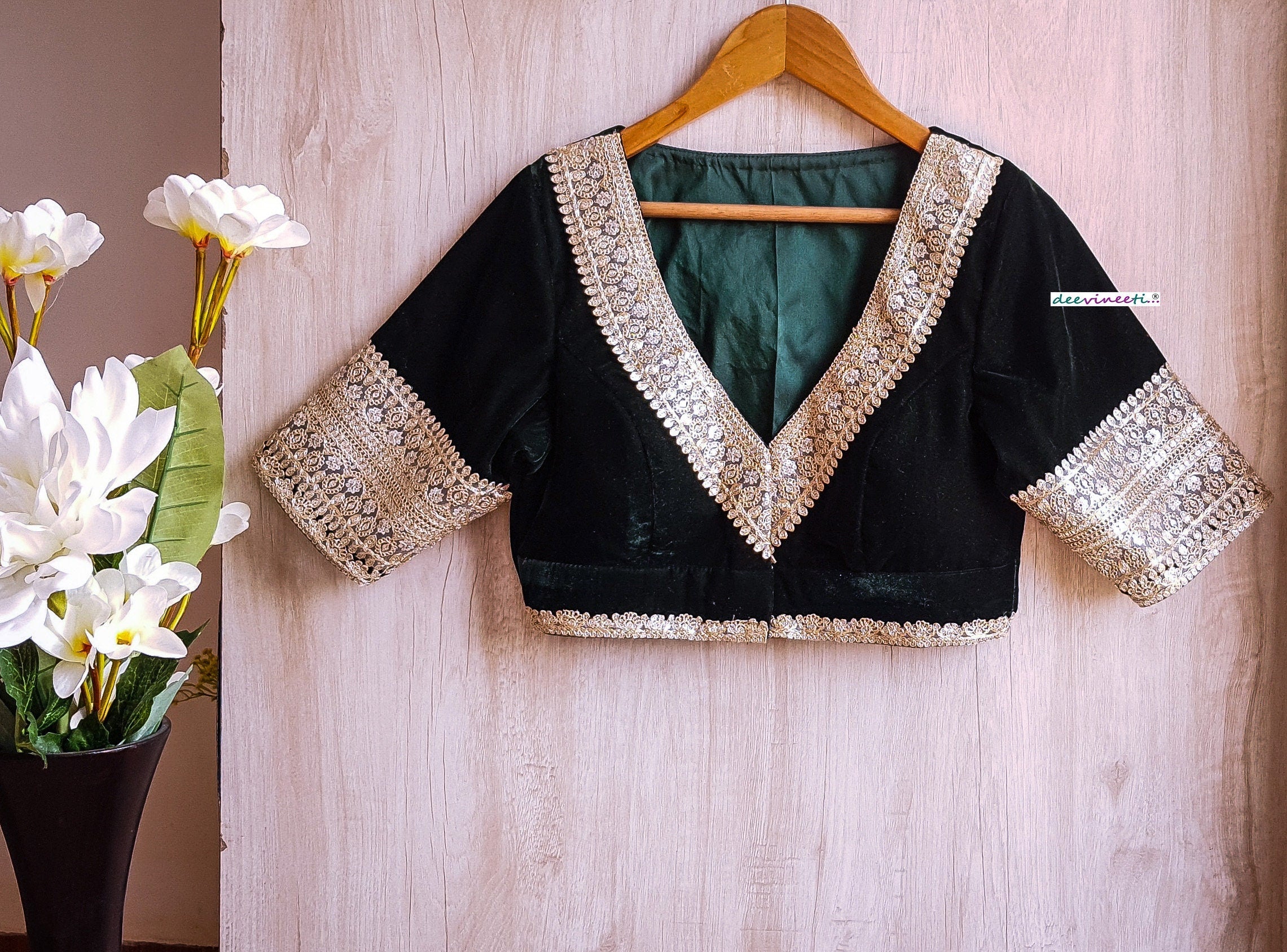 Embroidered Green Velvet Blouse Deep V Neck DVBL_292