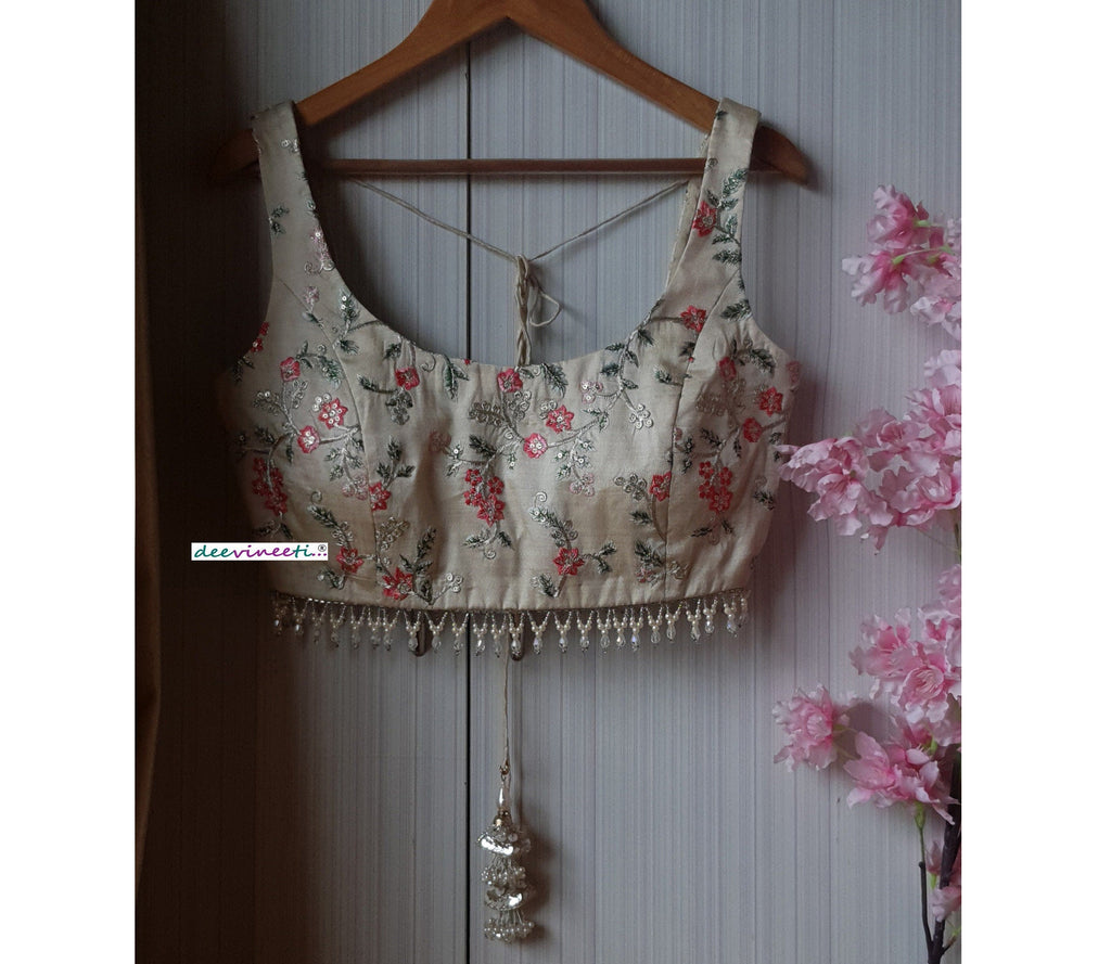 Cream Embroidered Silk U Neck Blouse DVBL_191