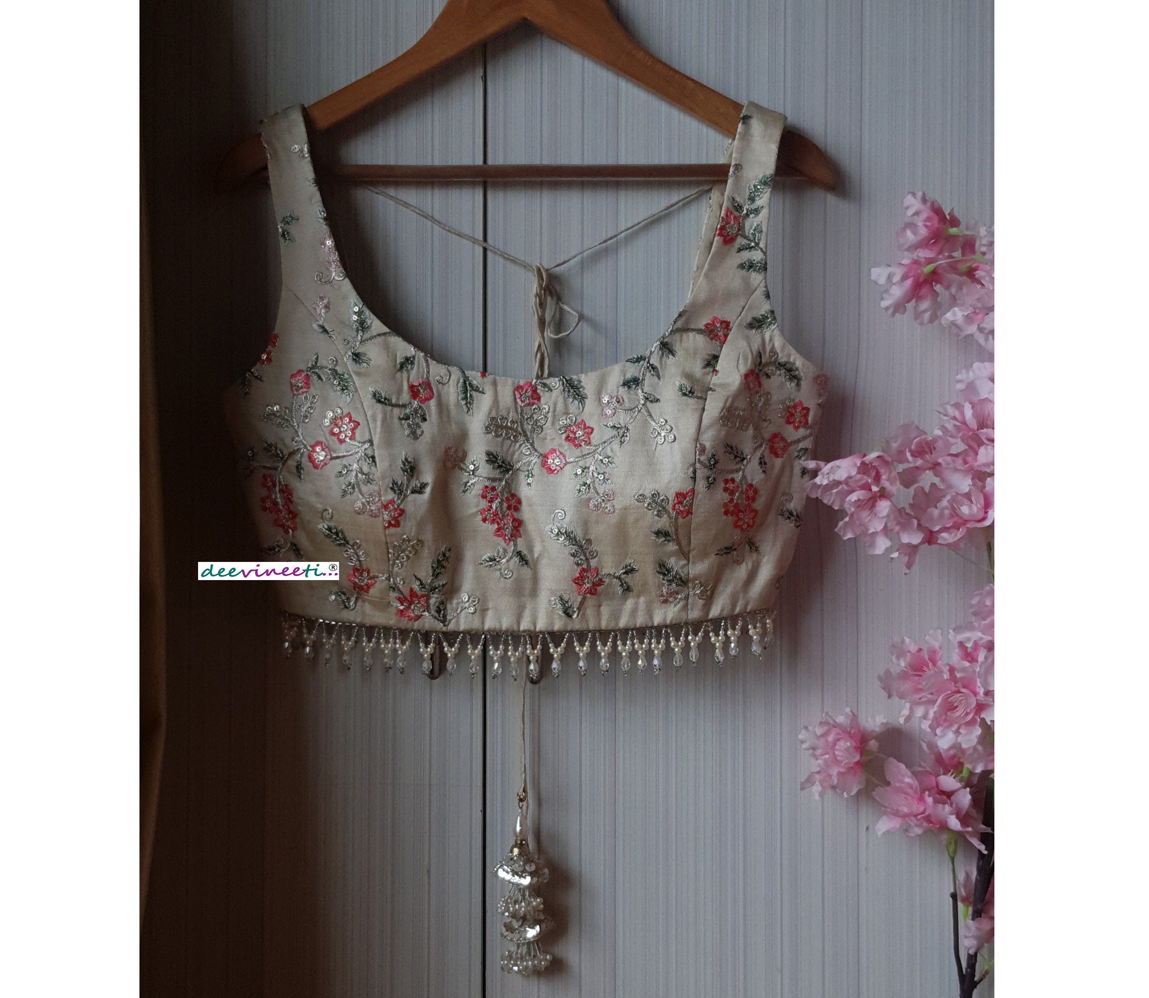 Cream Embroidered Silk U Neck Blouse DVBL_191