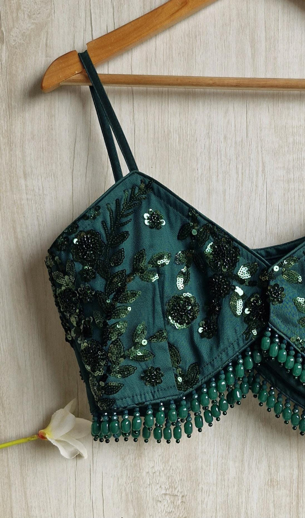 Bottle Green Embroidered Spaghetti Blouse DVBL_454