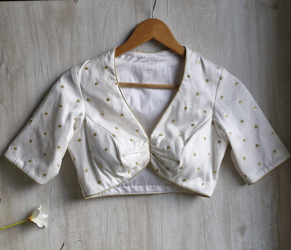 Embroidered Silk Ivory Deep V Neck Blouse DVBL_451