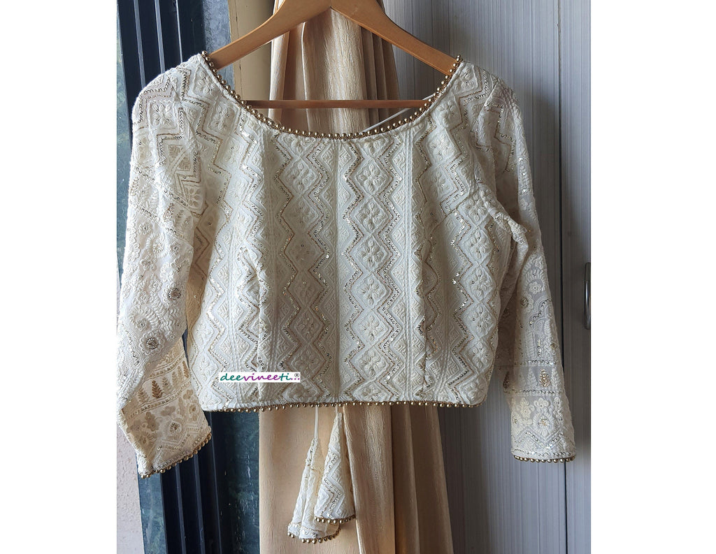 Ivory Chikankari Lucknowi Boat Neck Blouse DVBL_058
