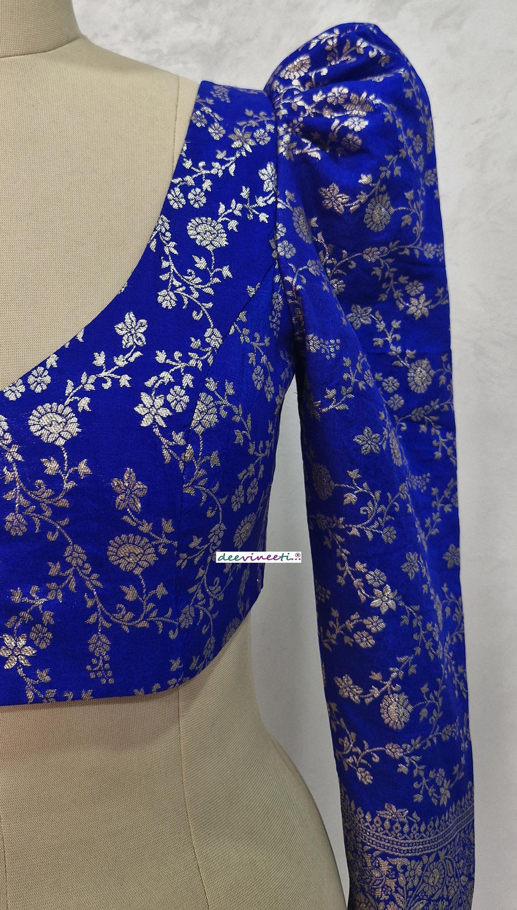 Royal Blue Banarasi Brocade Blouse Full Length Puff Sleeves V Neck DVBL_397