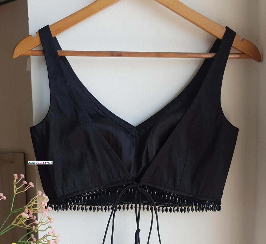 Designer Black Raw Silk Blouse Deep V Neck with Fringes DVBL_327