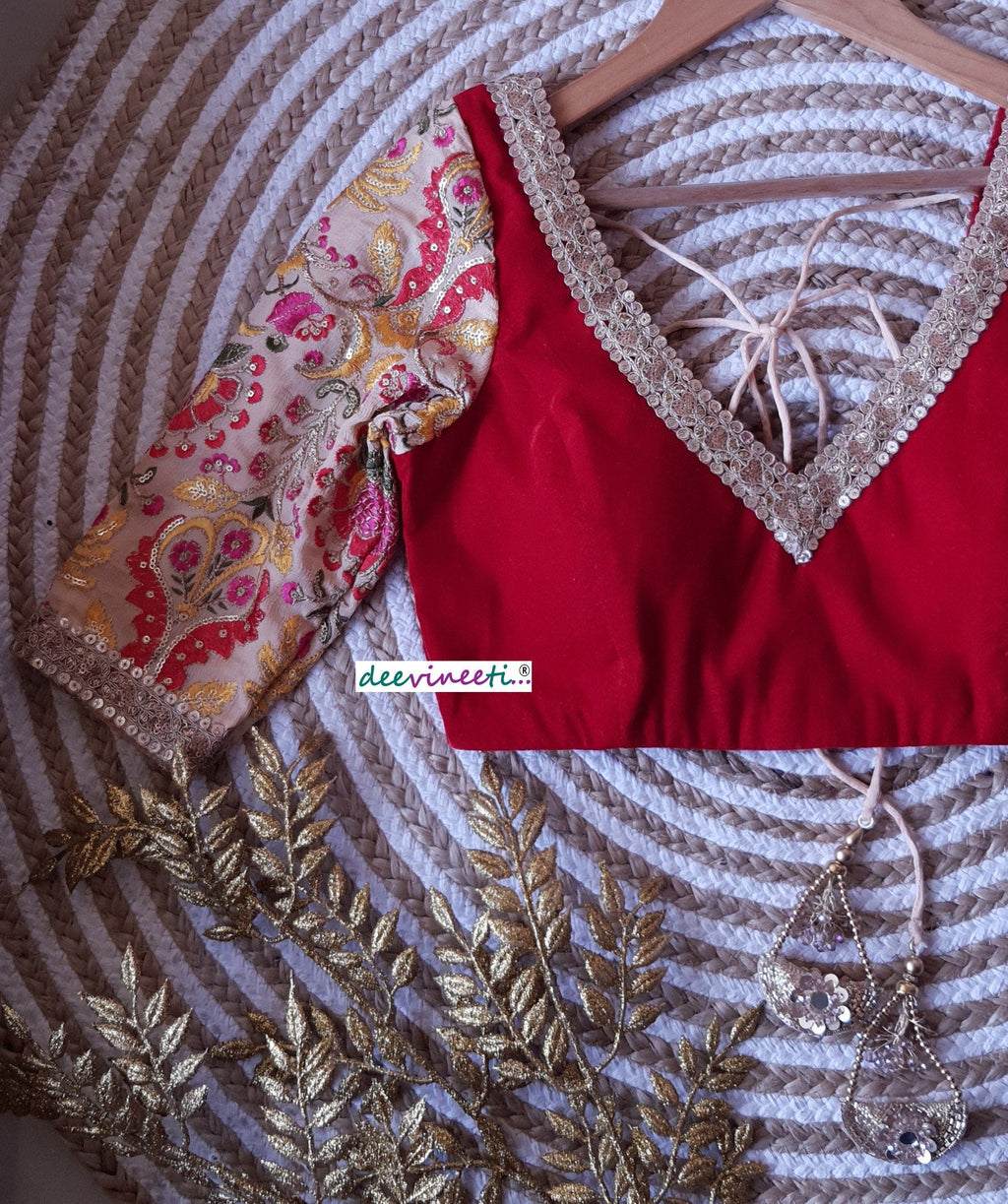 Red Velvet Embroidered Sleeves Blouse DVBL_156