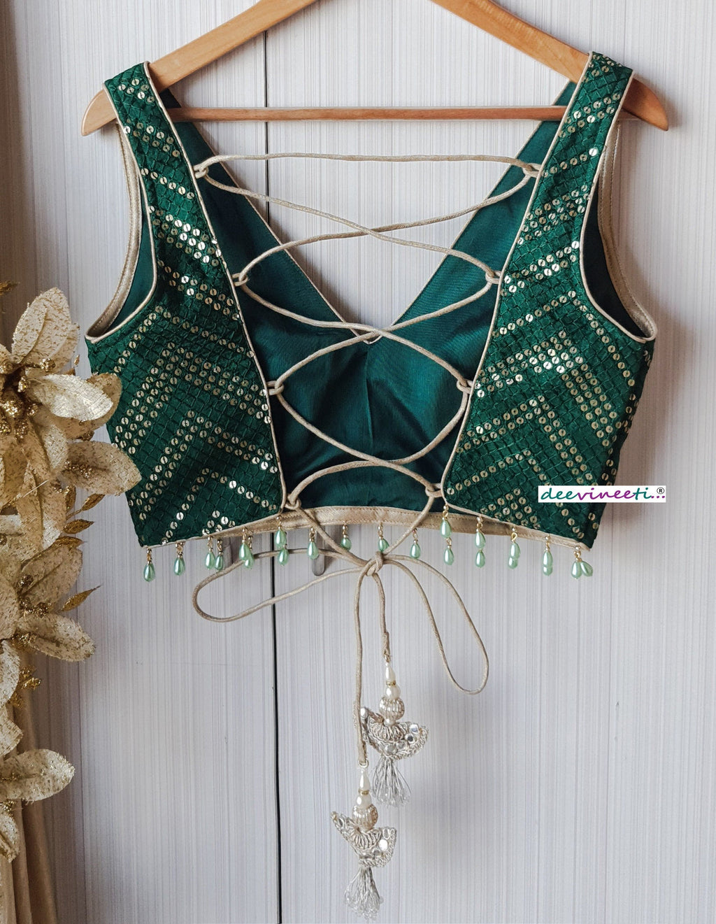Green Sequins Chevron Embroidered Silk Blouse DVBL_152