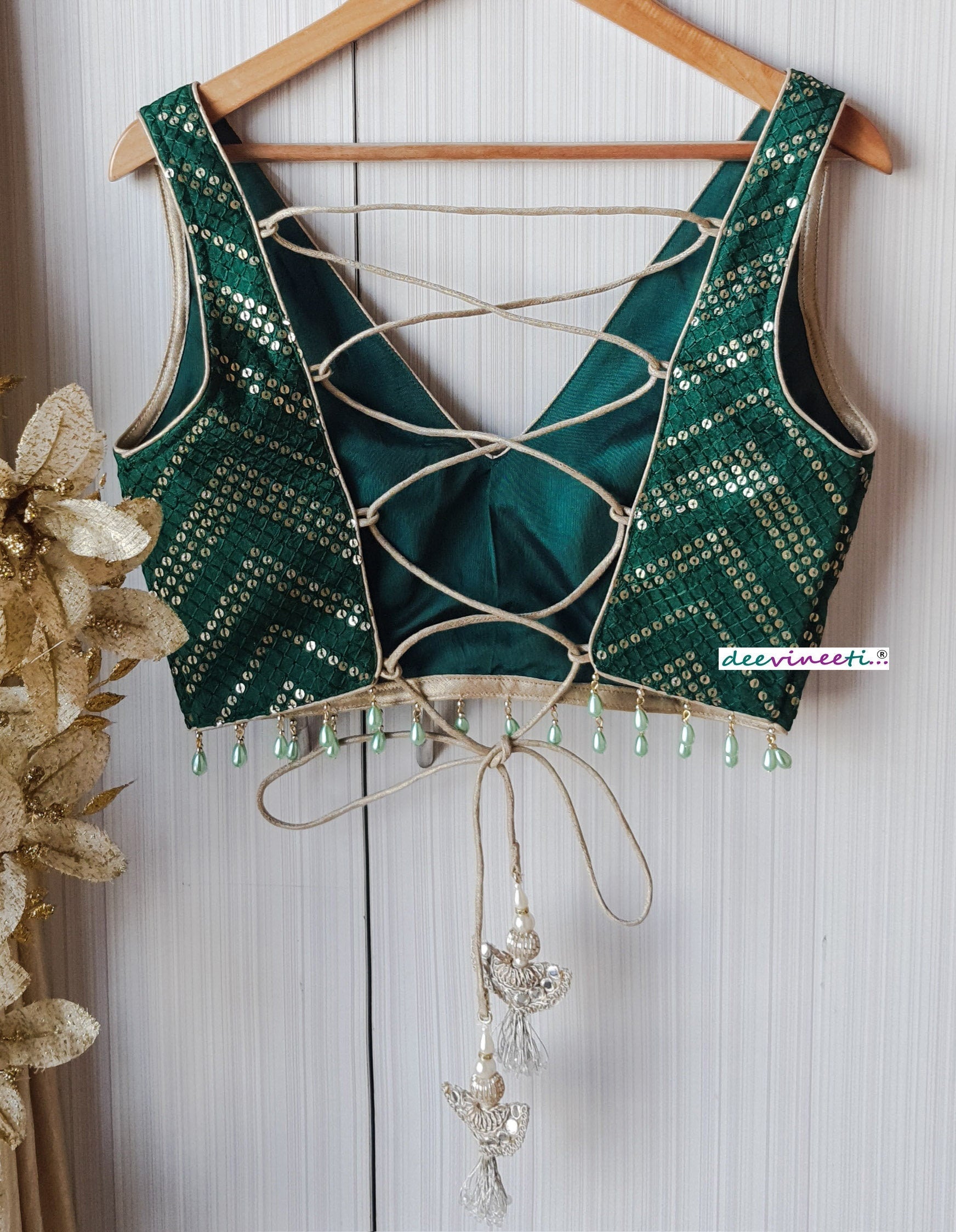 Green Sequins Chevron Embroidered Silk Blouse DVBL_152