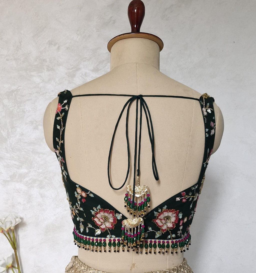 Bottle Green Embroidered Sweetheart Neck Blouse DVBL_441