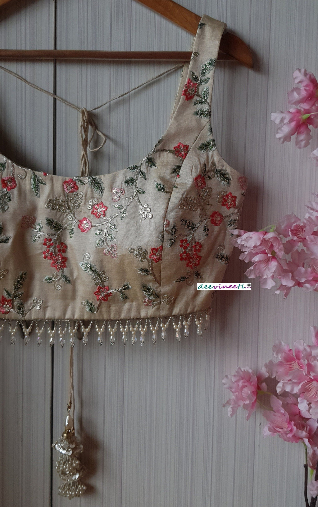 Cream Embroidered Silk U Neck Blouse DVBL_191