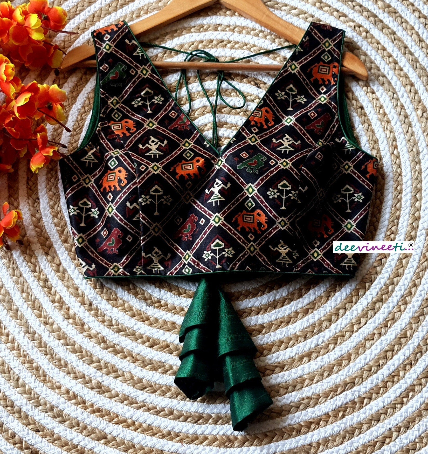 Black Printed Tussar Silk Sleeveless V Neck Blouse DVBL_095