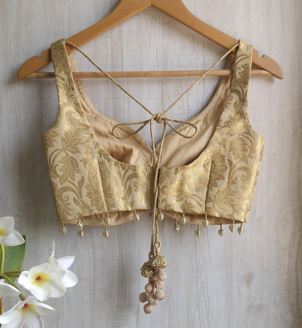 Gold Beige Banarasi Brocade Sweetheart Neck Blouse DVBL_411