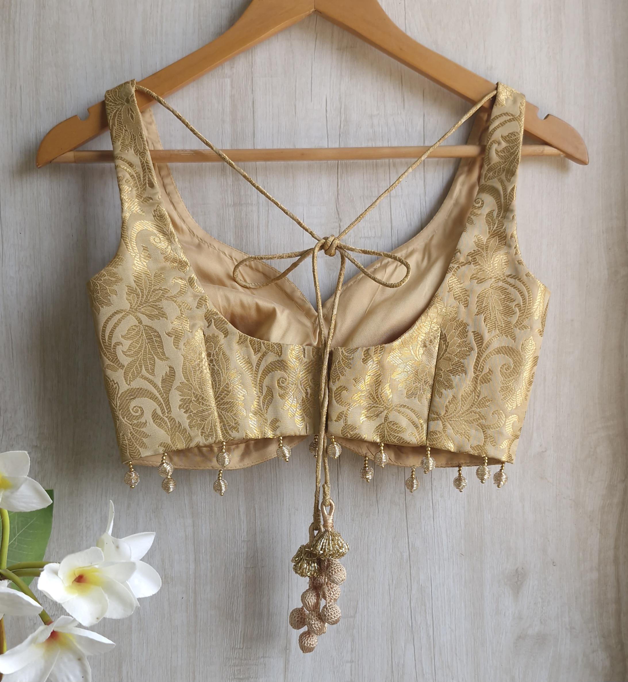 Gold Beige Banarasi Brocade Sweetheart Neck Blouse DVBL_411