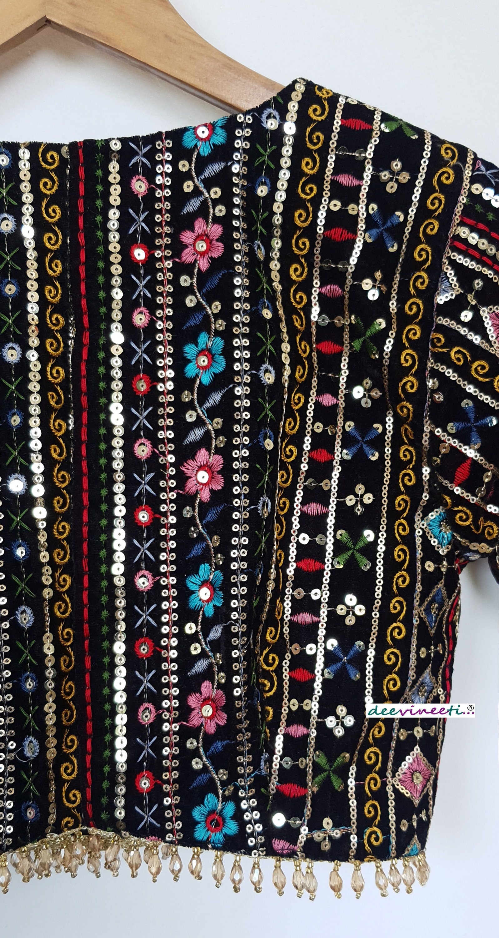 Black Embroidered Velvet Plunge Neckline Blouse DVBL_294