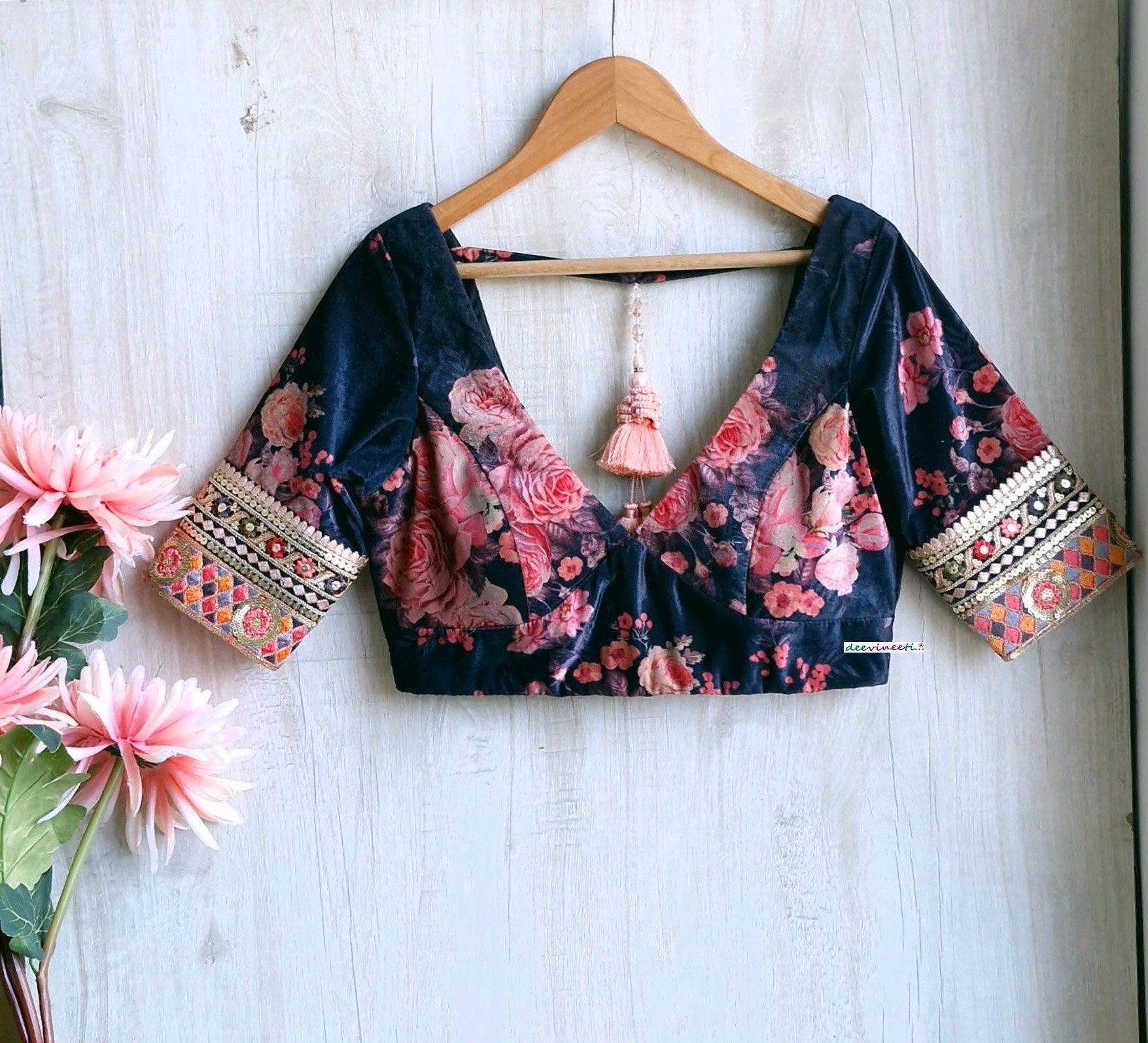 Deep Blue Floral Print Velvet V Neck Blouse DVBL_348