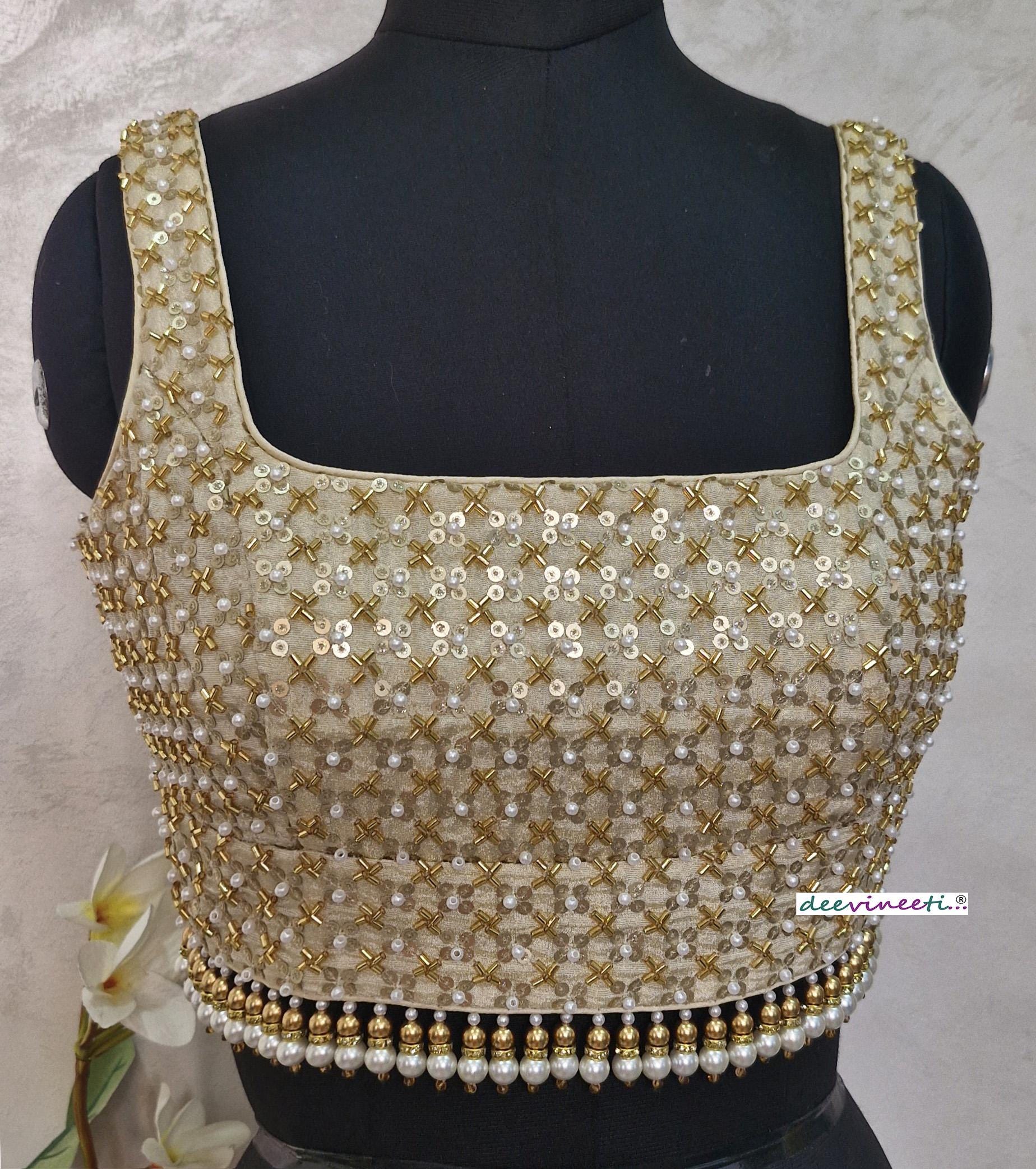 Gold Embroidered Tissue Silk Blouse Square Neck DVBL_399