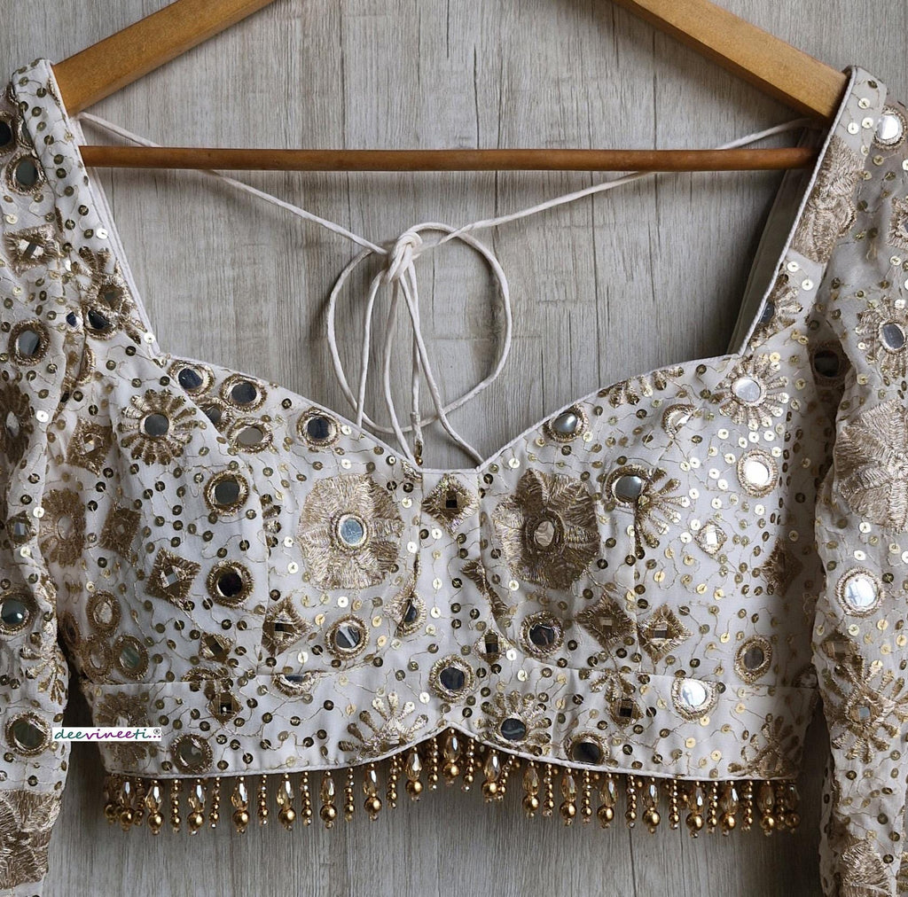 Ivory and Gold Embroidered Sweetheart Neck Long Sleeves Blouse DVBL_373