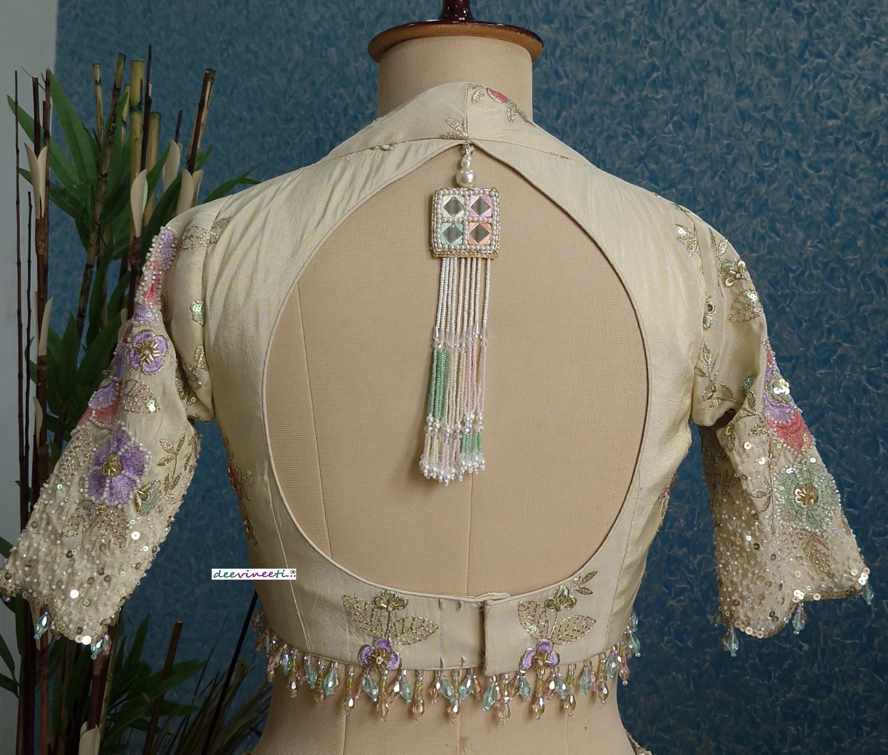 Embroidered Tissue Silk Deep V Neck Blouse DVBL_370