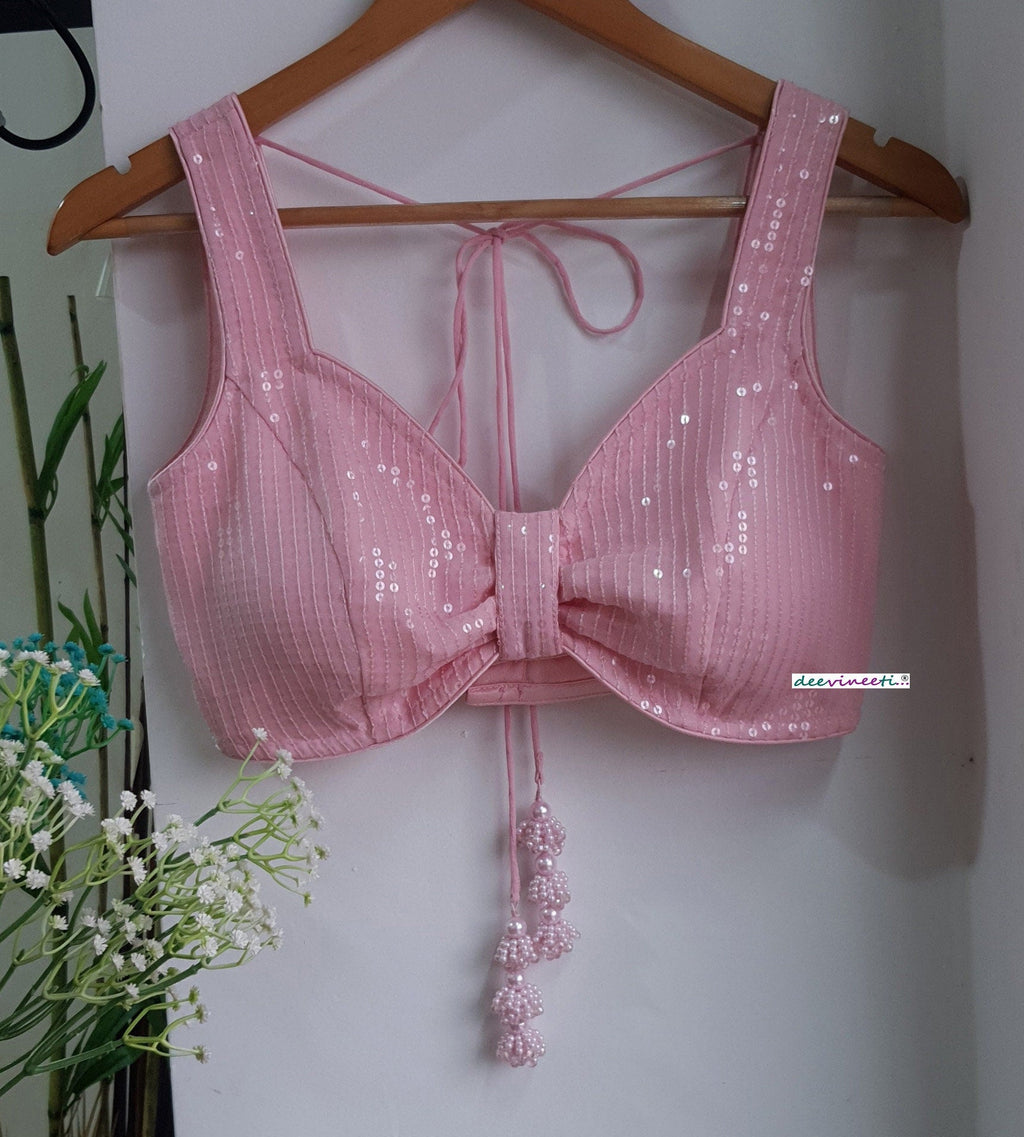 Sequins Embroidered Pink Sweetheart Neck Blouse DVBL_288