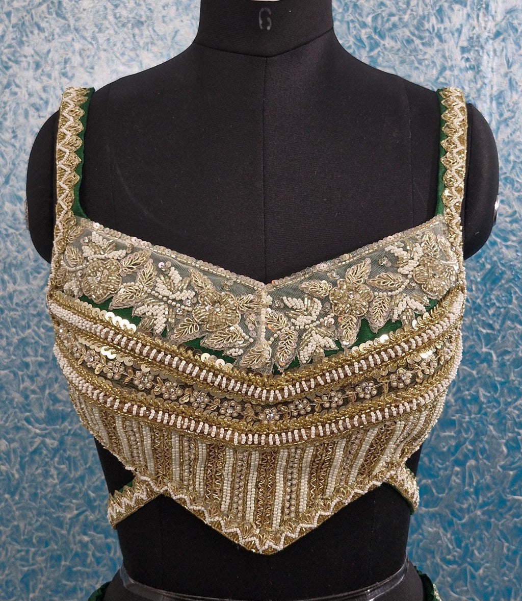 Hand Embroidered Green Raw Silk Backless Blouse DVBL_433