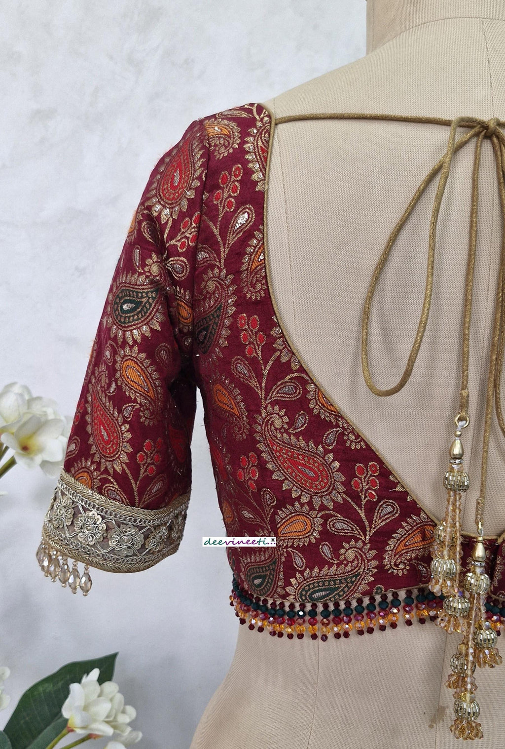 Maroon Brocade Deep Sweetheart Neck Half Sleeves Blouse DVBL_403