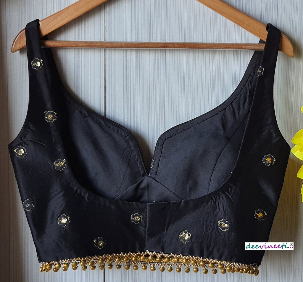 Black Silk Embroidered Sweetheart Neck Blouse DVBL_091
