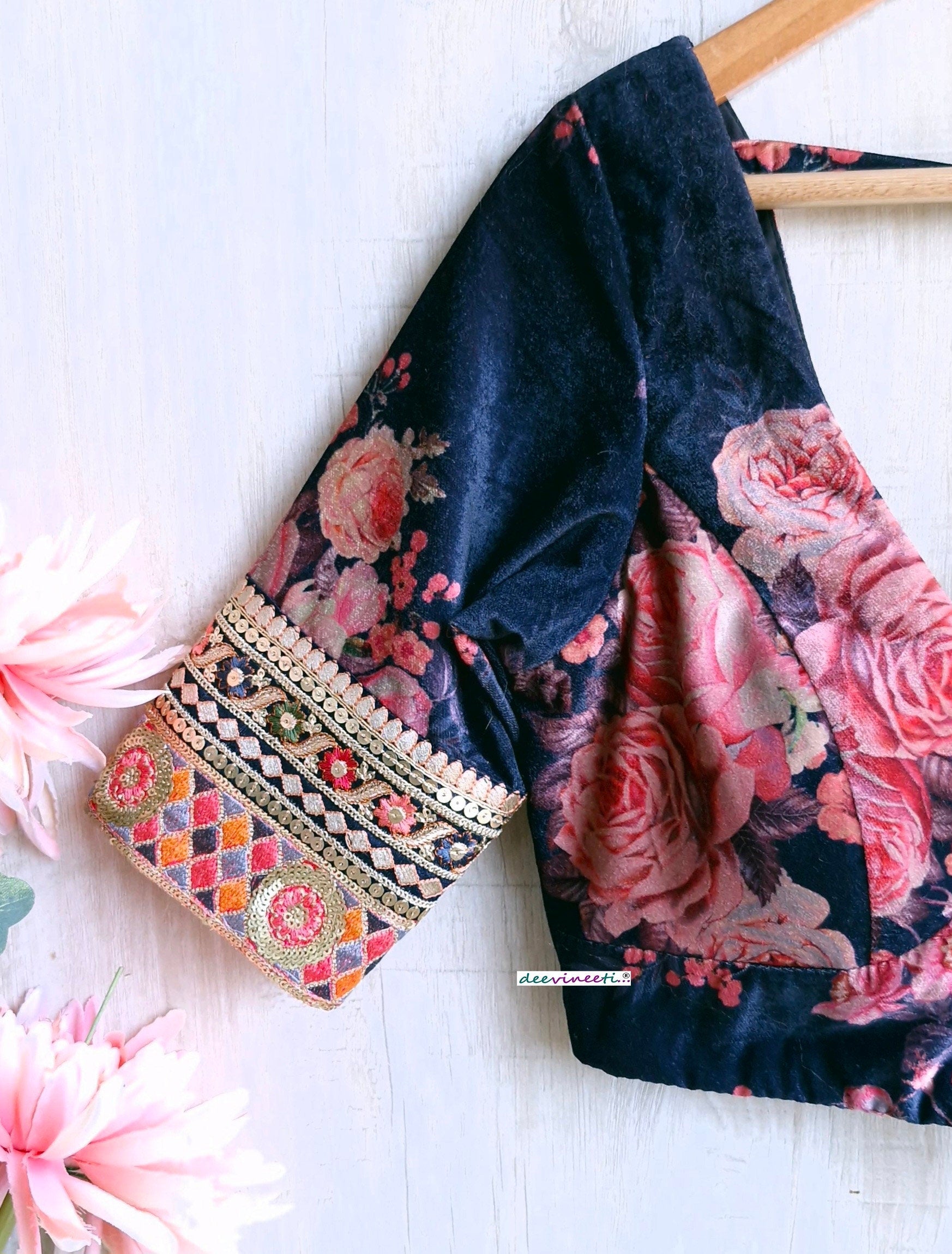 Deep Blue Floral Print Velvet V Neck Blouse DVBL_348