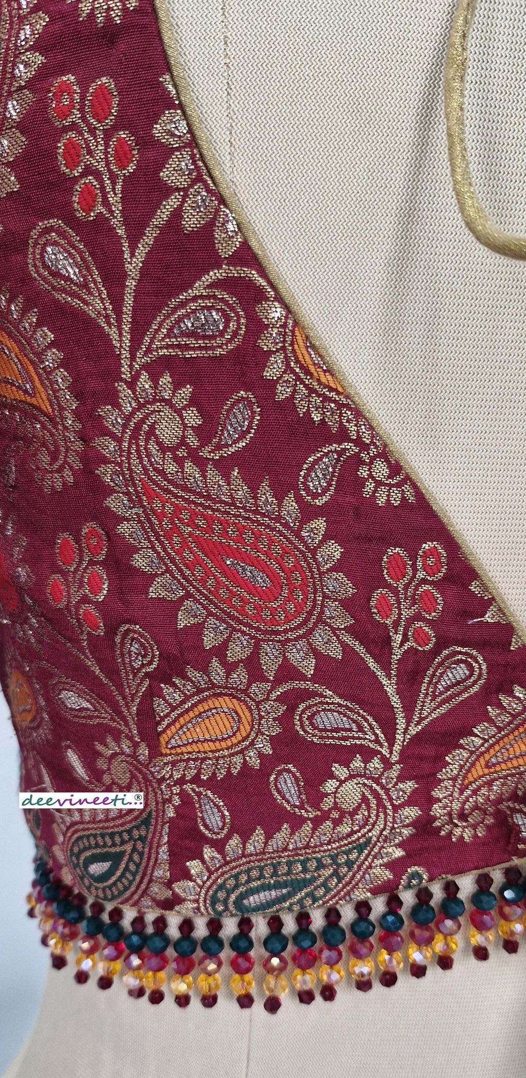 Maroon Brocade Deep Sweetheart Neck Half Sleeves Blouse DVBL_403