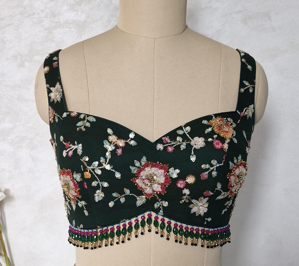 Bottle Green Embroidered Sweetheart Neck Blouse DVBL_441