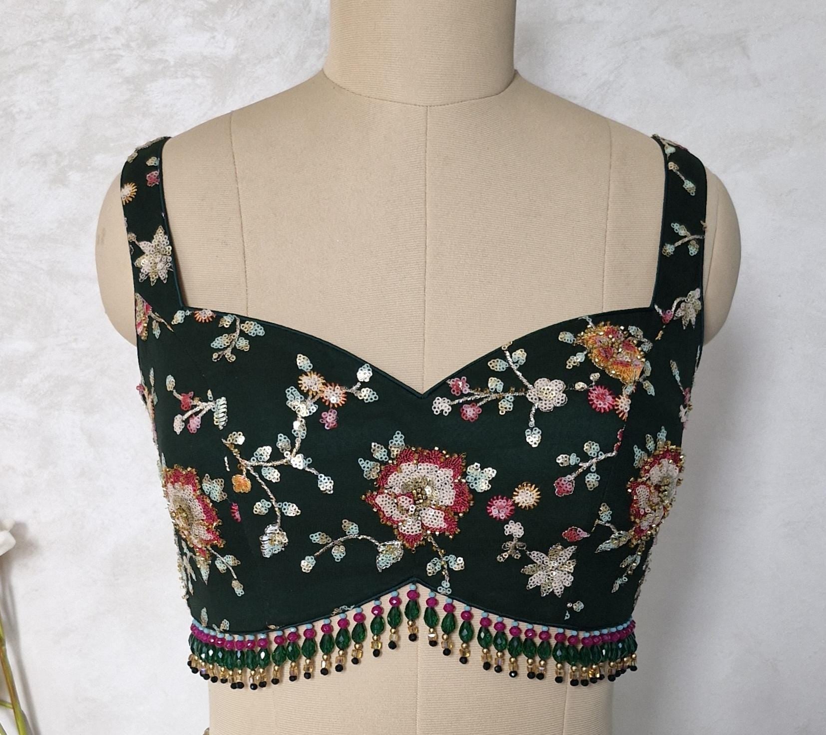 Bottle Green Embroidered Sweetheart Neck Blouse DVBL_441