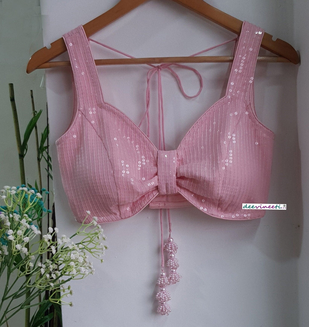 Sequins Embroidered Pink Sweetheart Neck Blouse DVBL_288