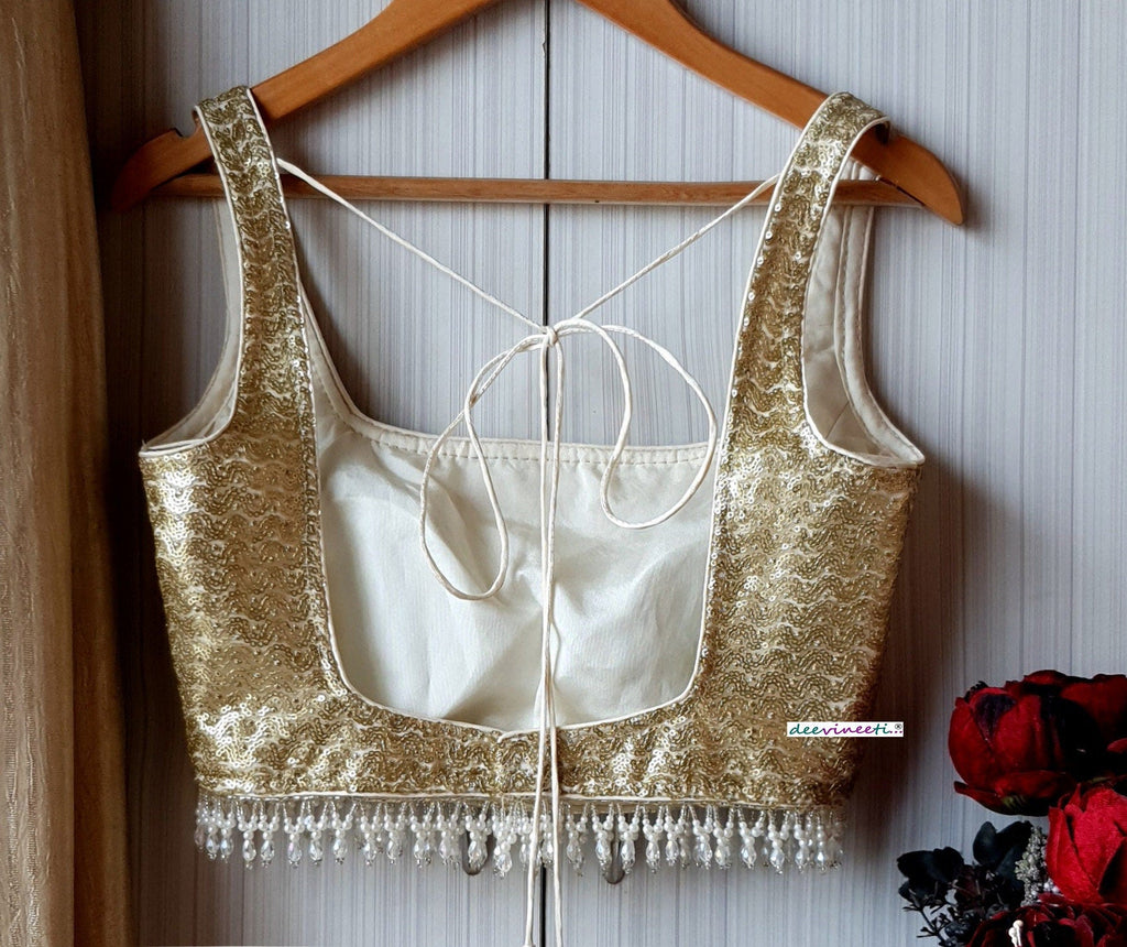 Gold Sequins Embroidered Net Square Neck Blouse DVBL_198