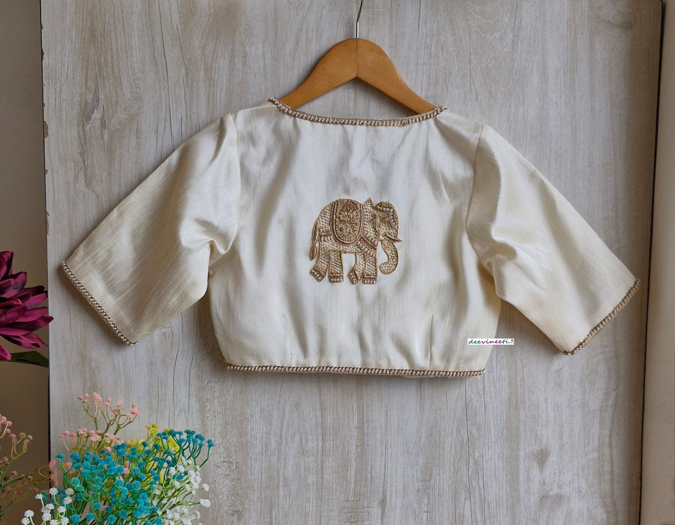 Cream Raw Silk Blouse with Applique Embroidery DVBL_322