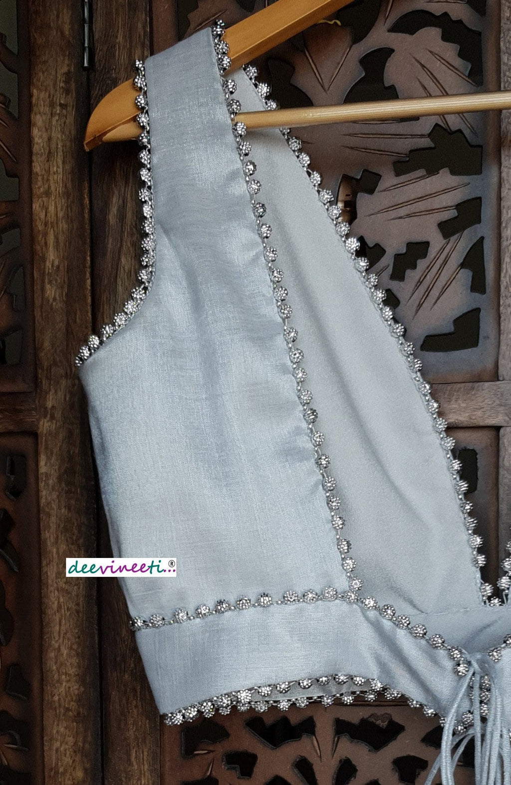 Silver Embellished Tissue Silk Plunge Neckline Blouse DVBL_115