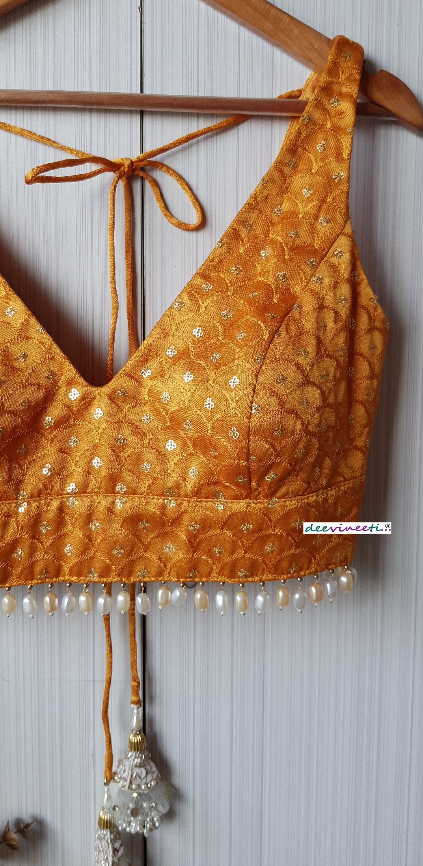 Mustard Embroidered Gajji Silk Deep V Neck Blouse DVBL_209