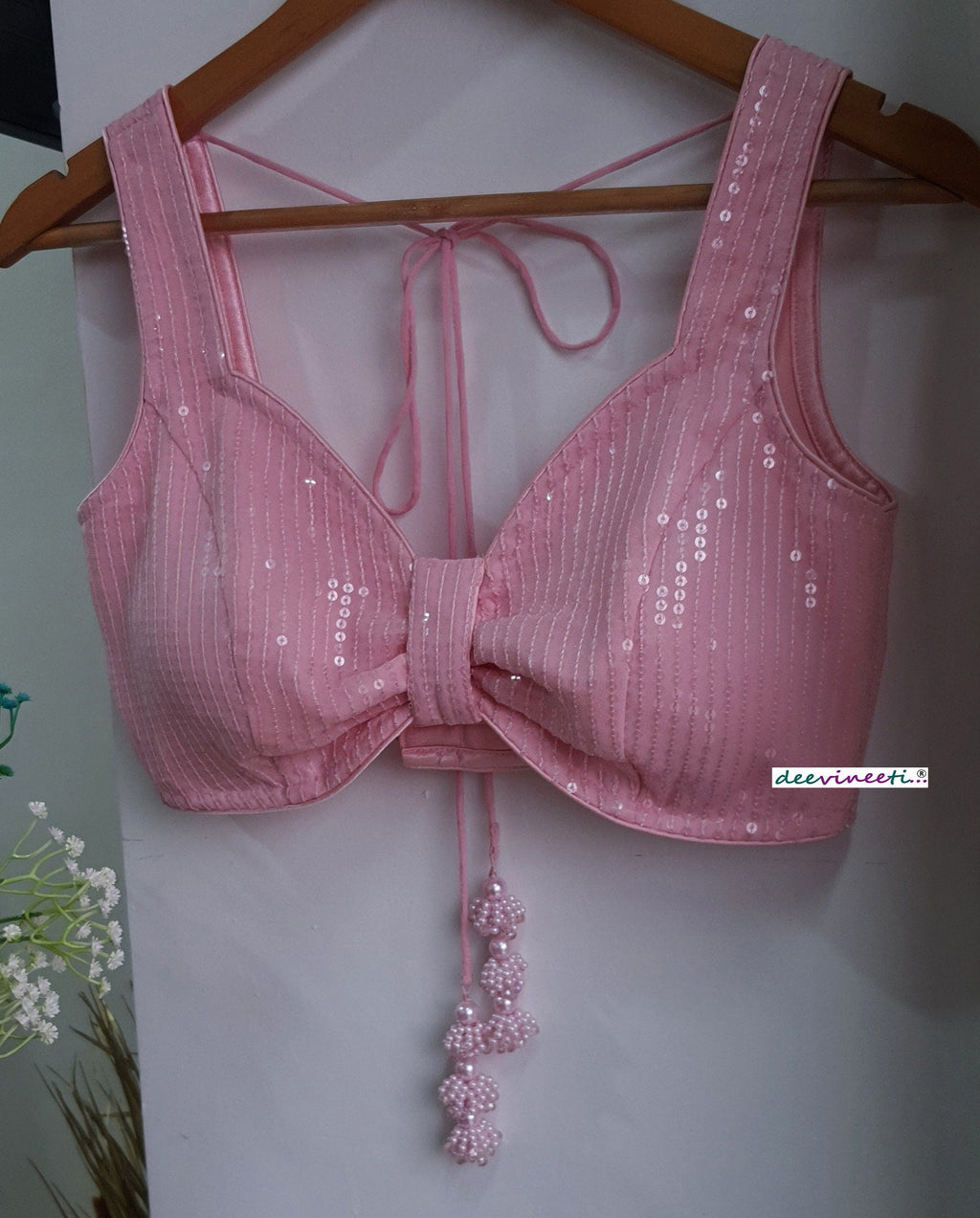 Sequins Embroidered Pink Sweetheart Neck Blouse DVBL_288