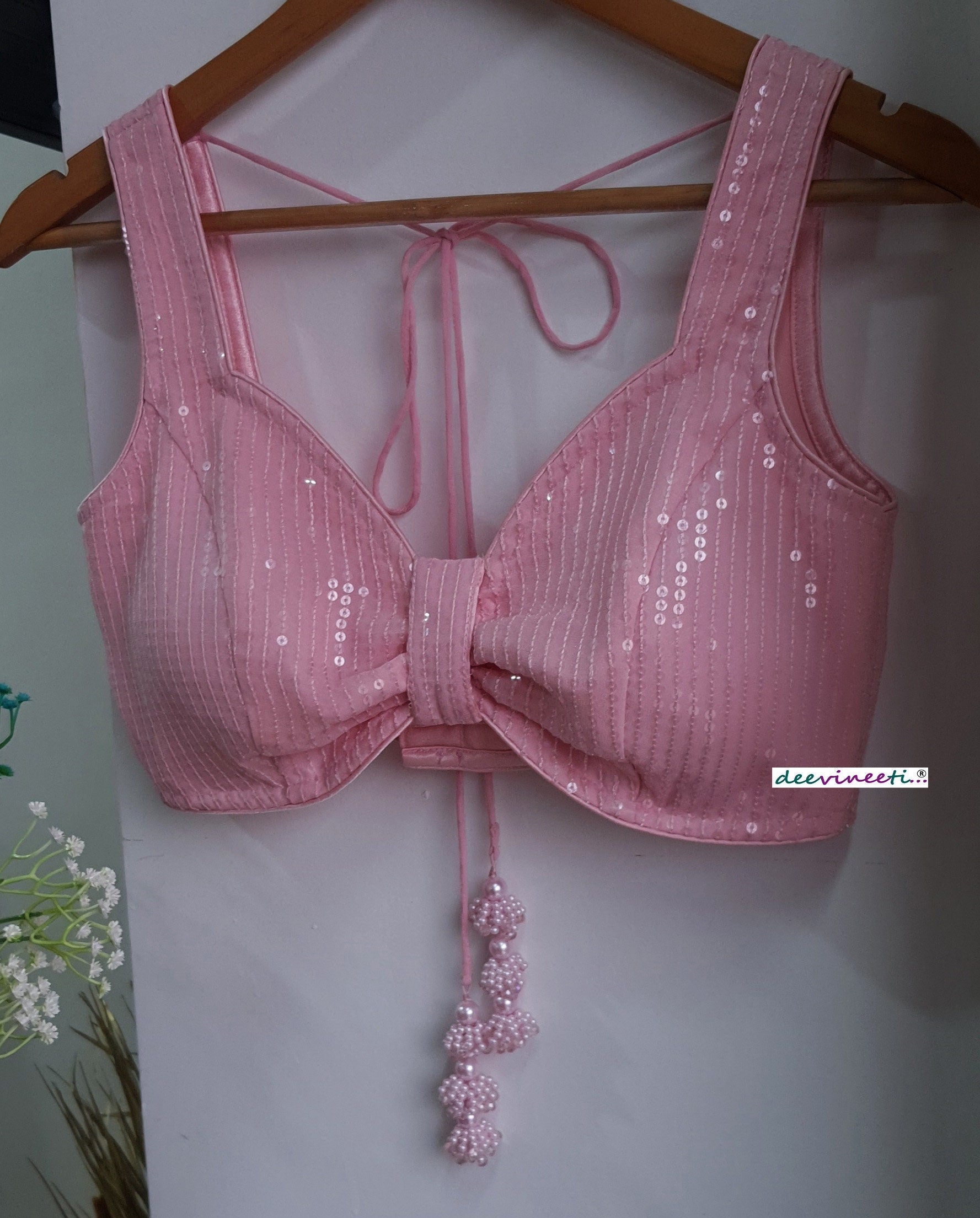 Sequins Embroidered Pink Sweetheart Neck Blouse DVBL_288
